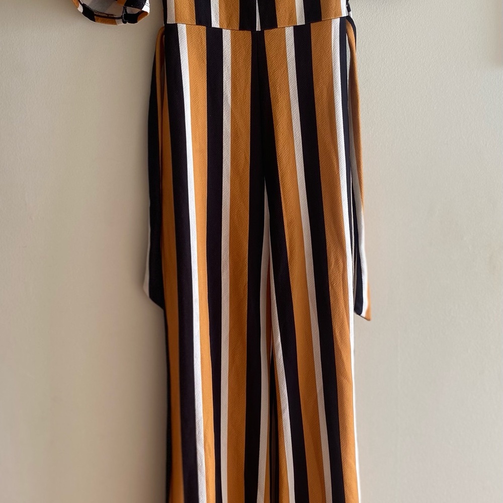 Missguided Striped V-Cut Wide-Leg Black, White, Orange Jumpsuit